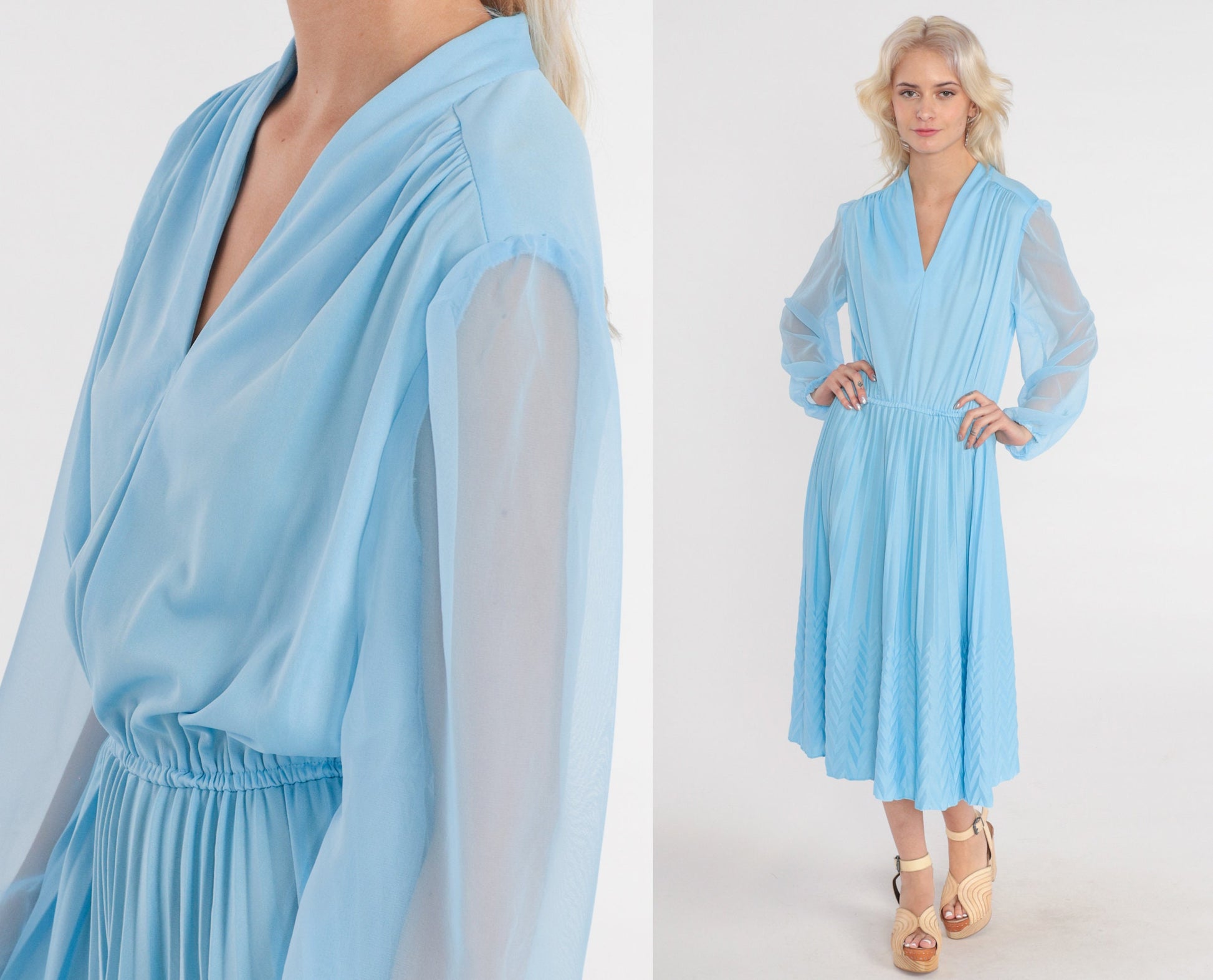 70s Blue Midi Dress V-Neck High Waisted Knife Pleated Sheer Sleeve Medium M