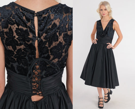 80s Black Velvet Burnout Midi Dress Beaded Rosette V-Neck Lace-Up Back Small