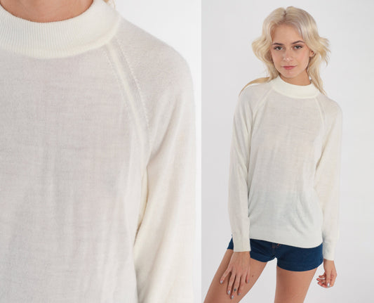 90s White Knit Sweater Mock Neck Raglan Sleeve Pullover Small