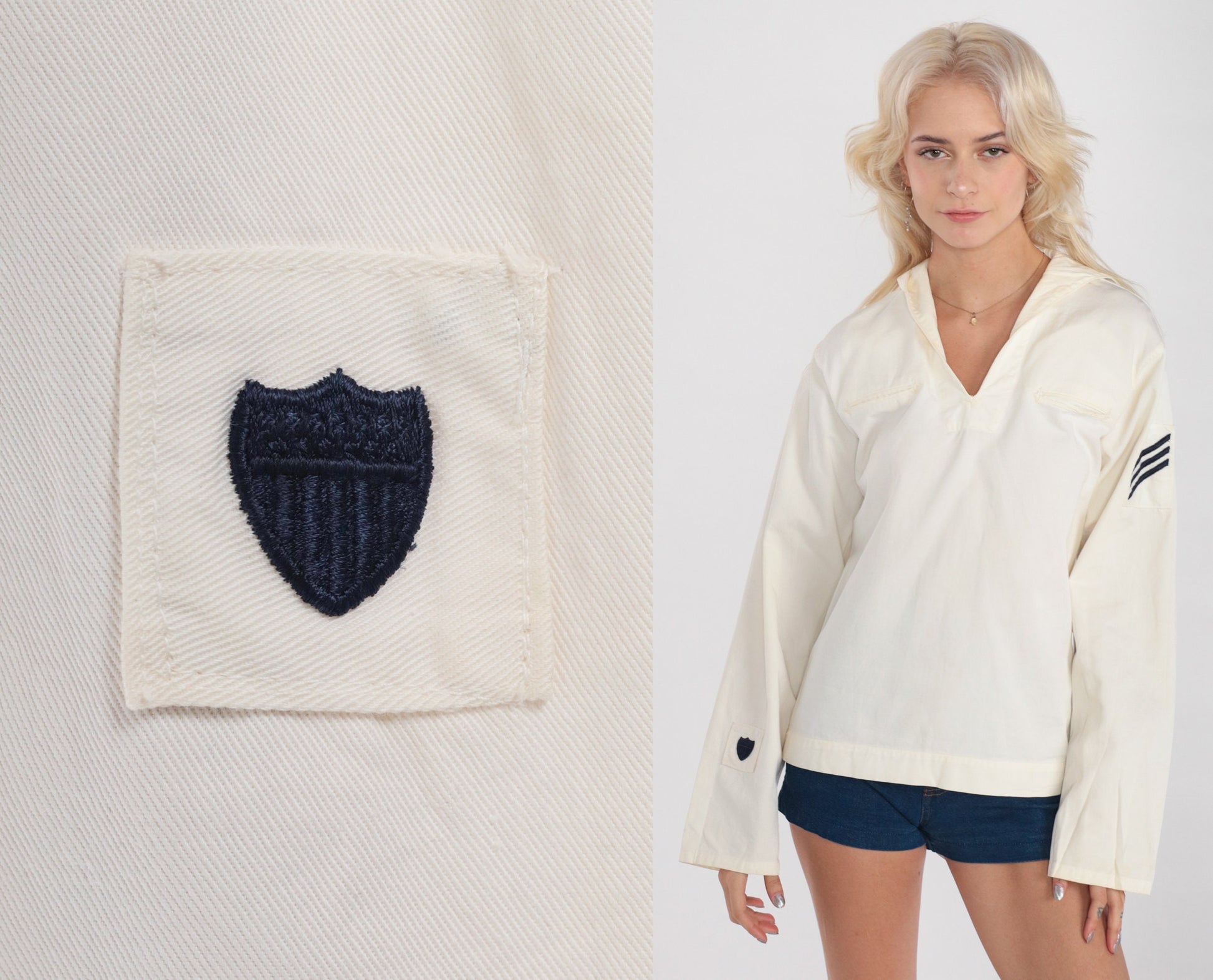 70s Sailor Collar Shirt White Navy Stripe Long Sleeve Extra Small