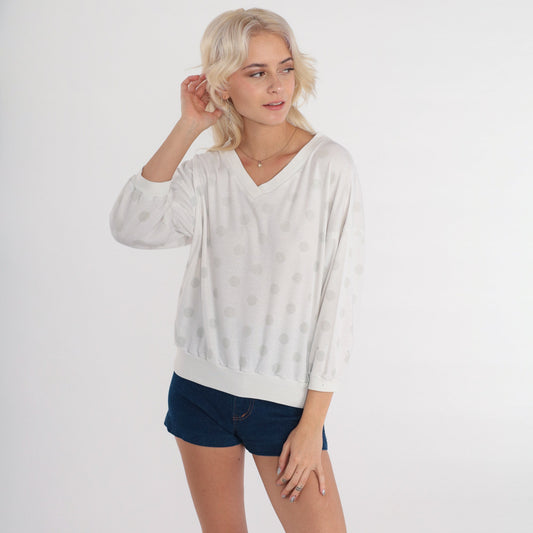 80s Polka Dot Blouse White V-Neck 3/4 Sleeve Top Medium