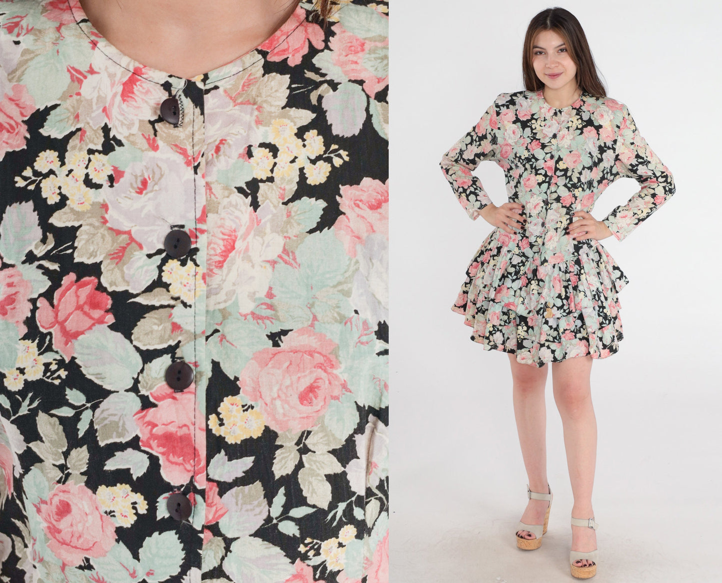 80s Byer Too Floral Mini Dress Drop Waist Tiered Ruffle Cotton Small