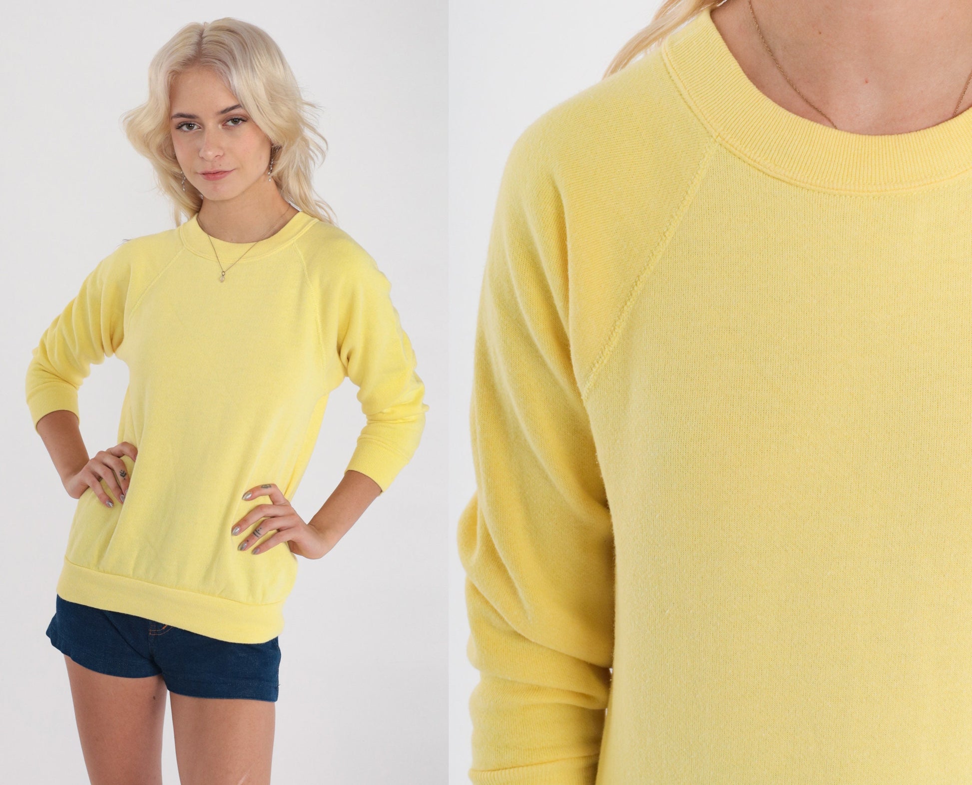 80s Yellow Crewneck Sweatshirt Raglan Sleeve Vintage Extra Small