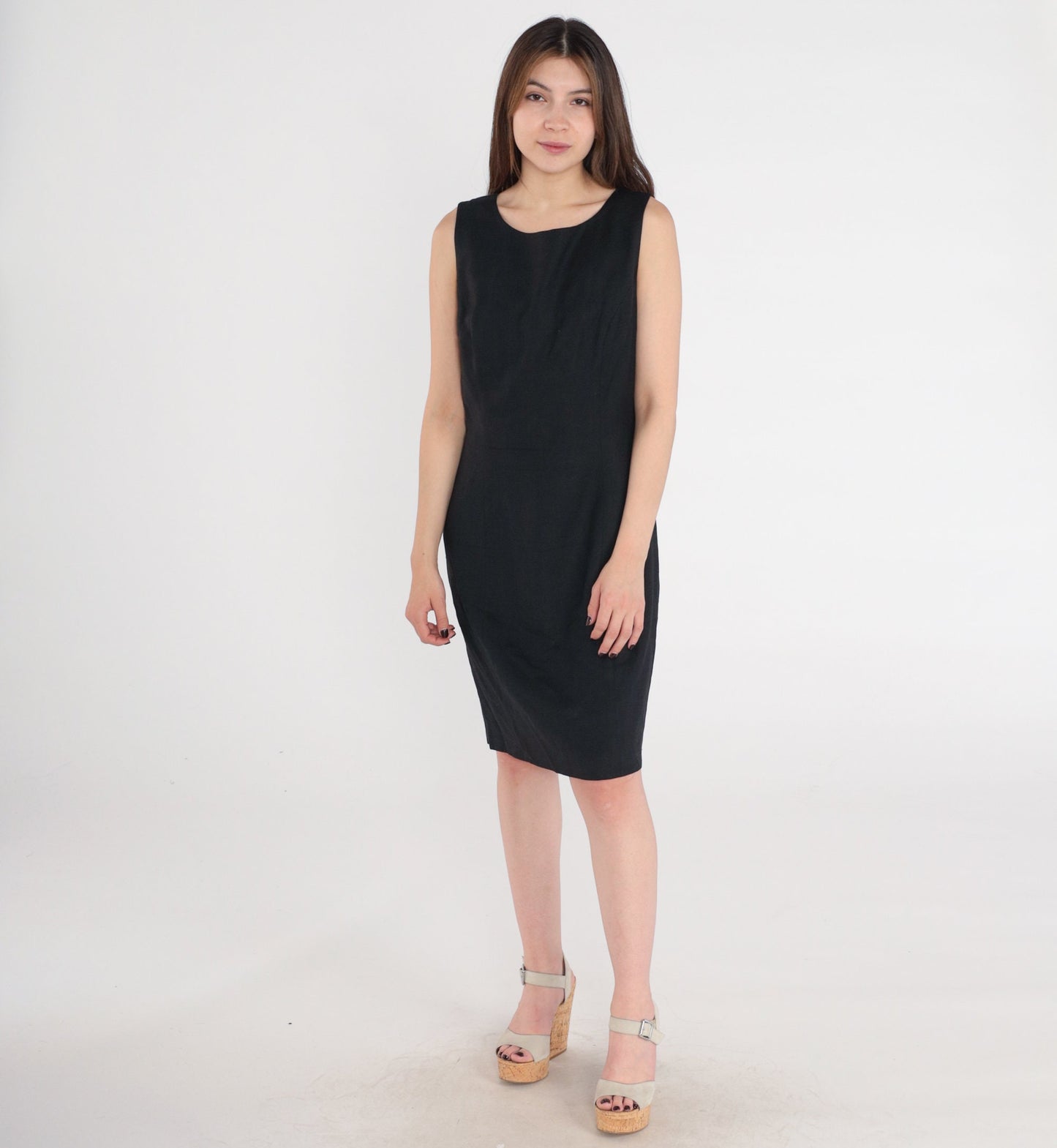 90s Black Mini Sheath Dress Sleeveless Round Neck Linen Rayon Medium M