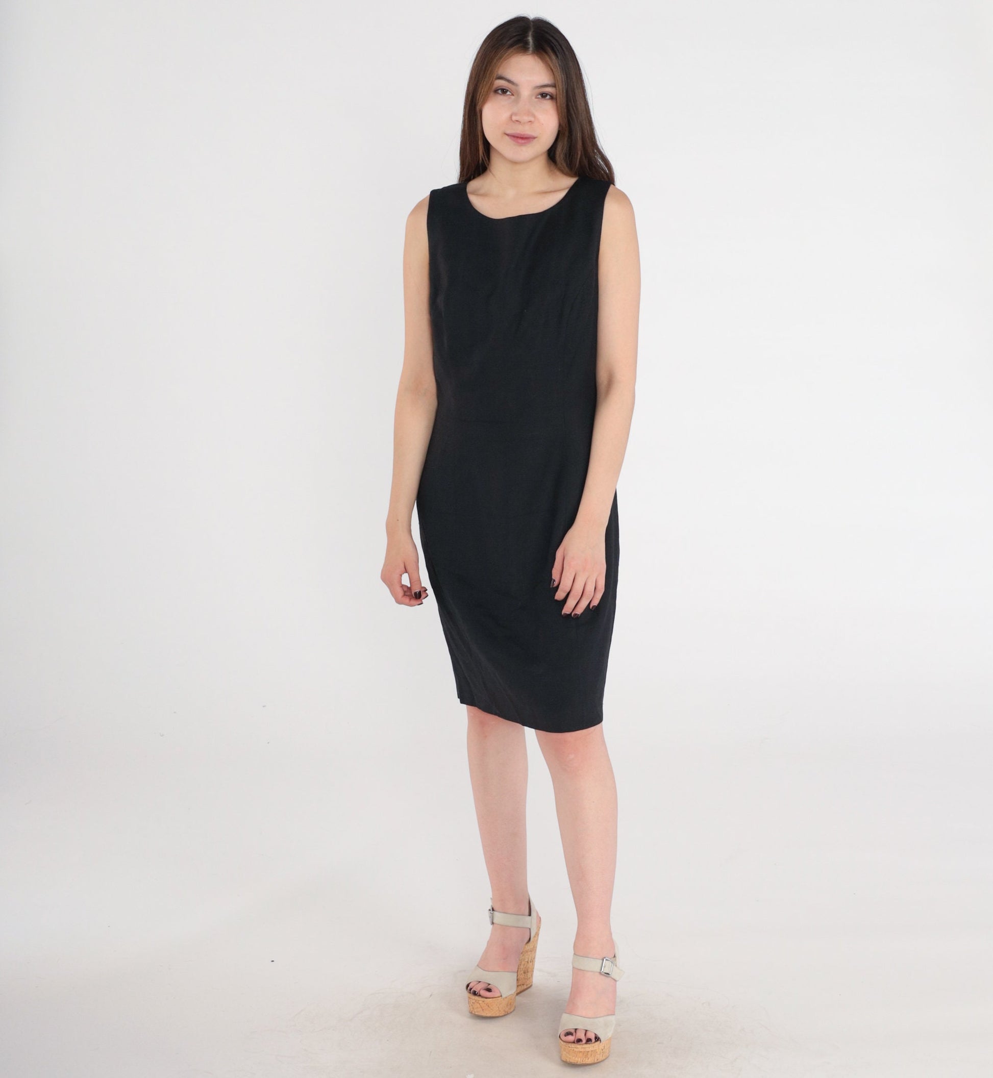 90s Black Mini Sheath Dress Sleeveless Round Neck Linen Rayon Medium M