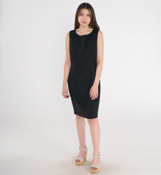 90s Black Mini Sheath Dress Sleeveless Round Neck Linen Rayon Medium M