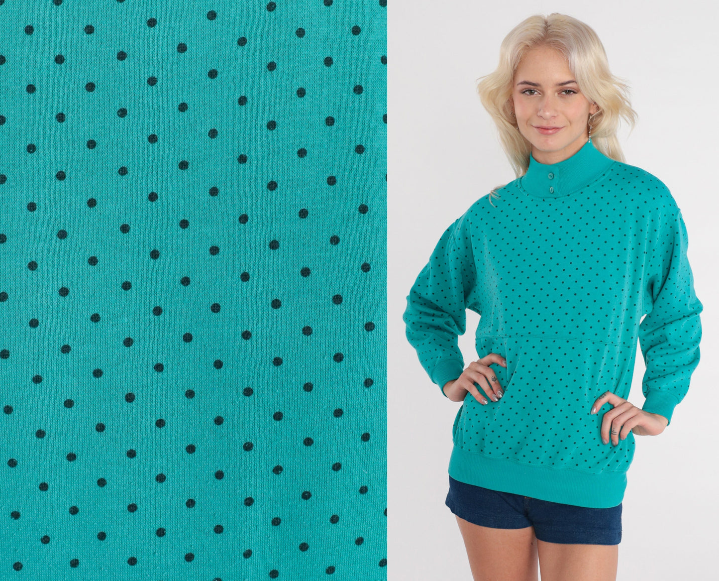 90s Polka Dot Mock Neck Sweatshirt Turquoise Green Small S