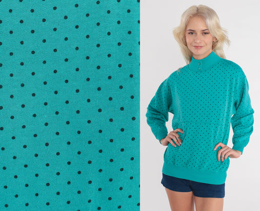 90s Polka Dot Mock Neck Sweatshirt Turquoise Green Small S