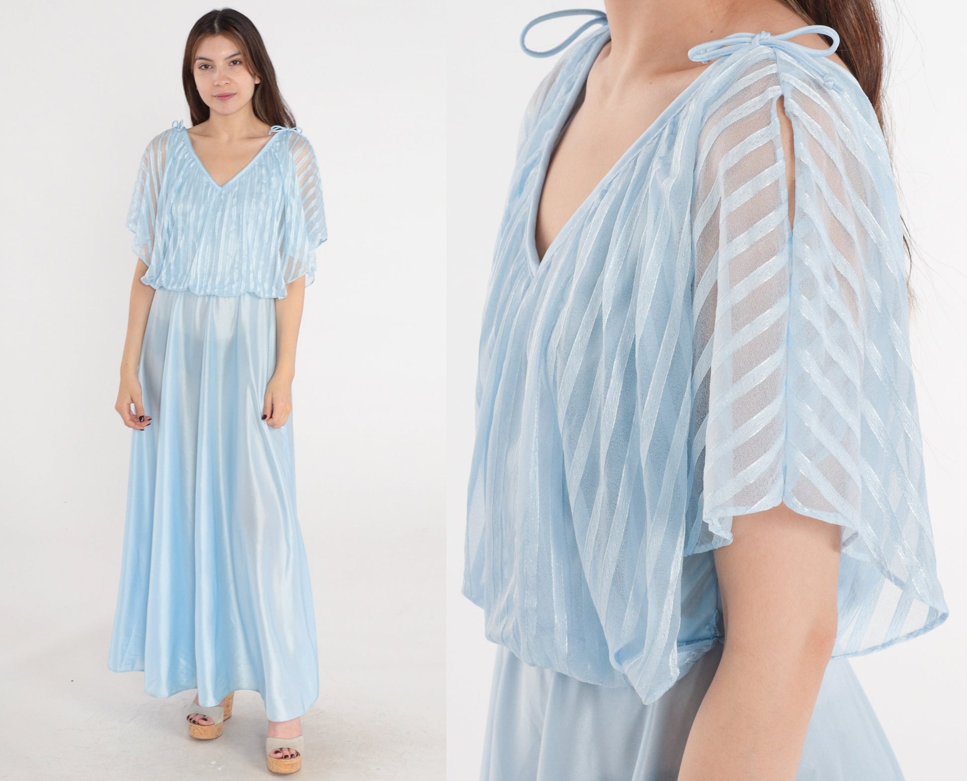70s Baby Blue Maxi Dress Grecian High Waisted Flutter Sleeve Small