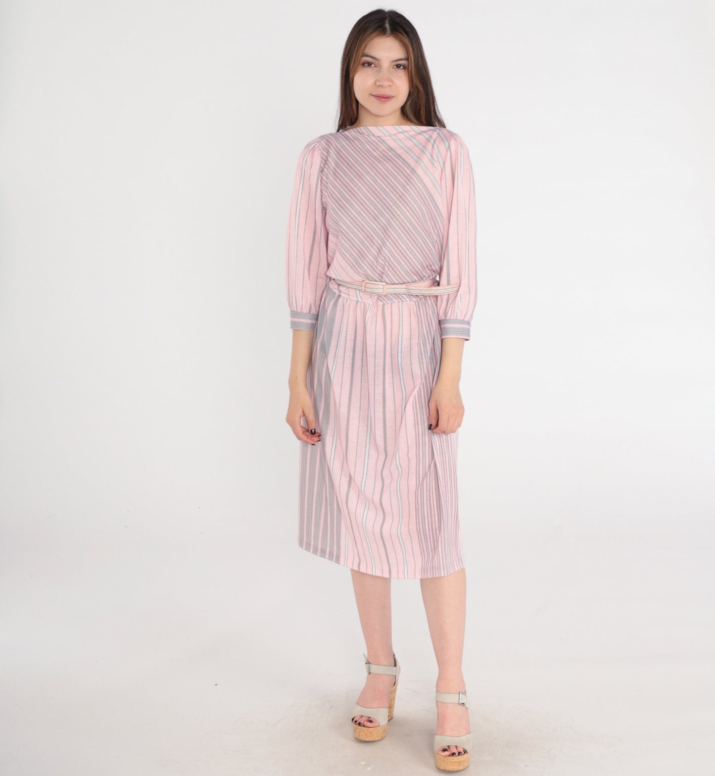 80s Pink Grey Striped Midi Dress Puff Sleeve Boatneck Belted Medium 8