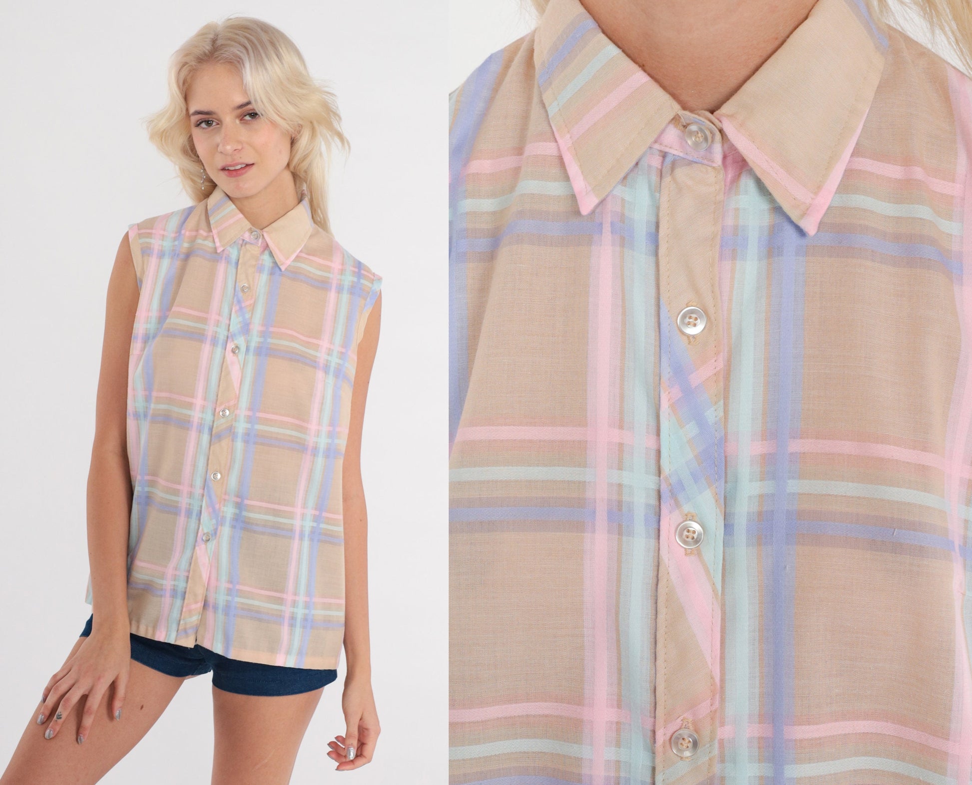 80s Tan Plaid Sleeveless Button-Up Blouse Pastel Pink Purple Check Medium