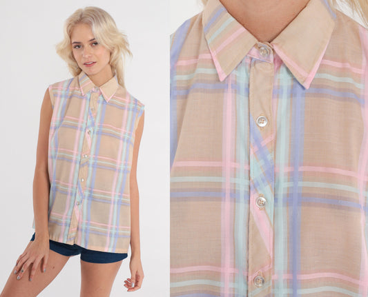 80s Tan Plaid Sleeveless Button-Up Blouse Pastel Pink Purple Check Medium