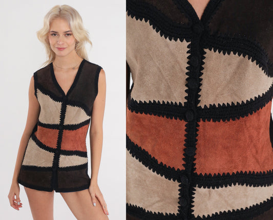 70s Patchwork Suede Vest Brown Button-Up Sleeveless Small