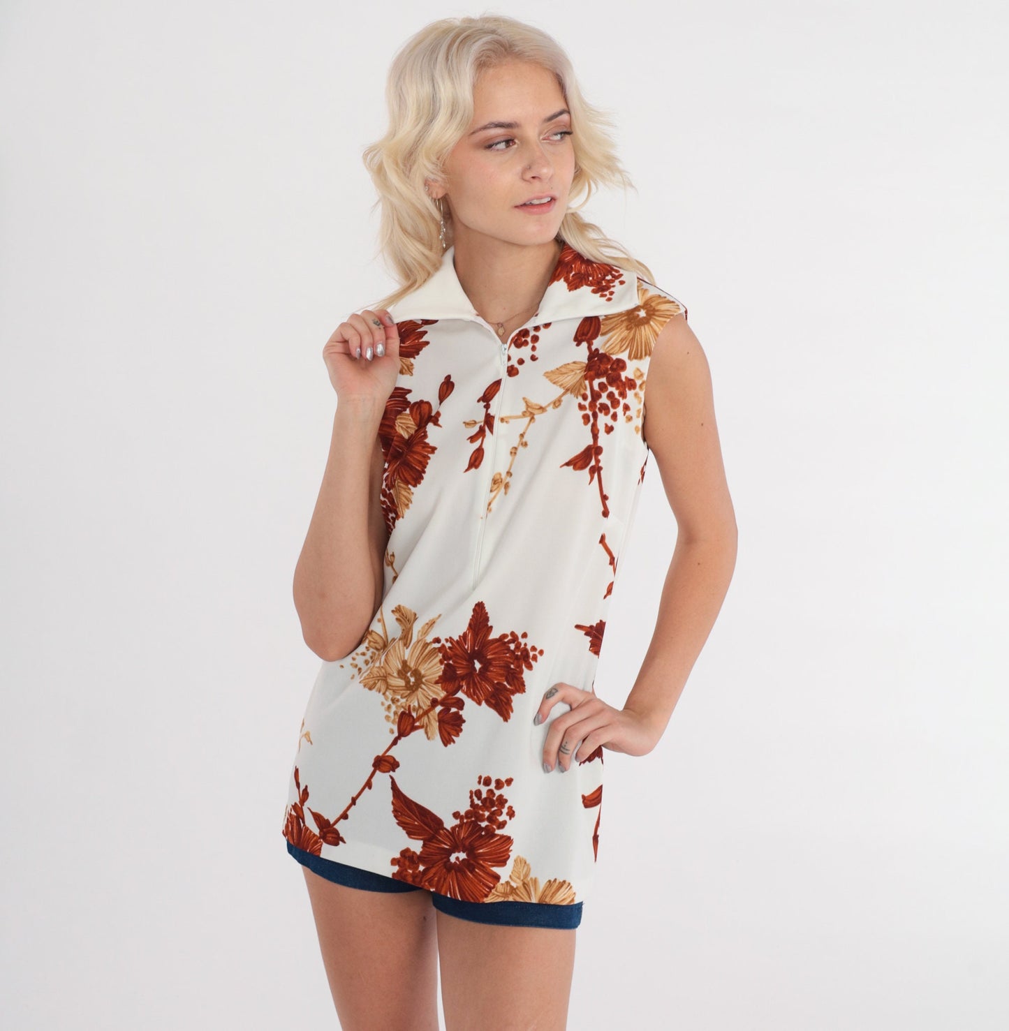 70s Floral Tank Top White Brown Front Zip Sleeveless Blouse Small
