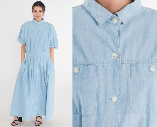 80s Norm Thompson Blue Denim Maxi Dress Button-Up Chest Pocket Extra Large