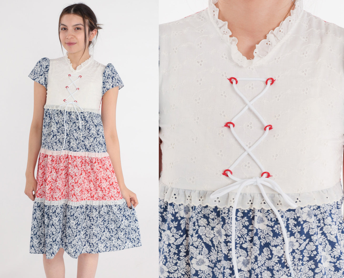 70s Floral Tiered Mini Dress Puff Sleeve White Eyelet Lace-Up Red Blue Petite XXS