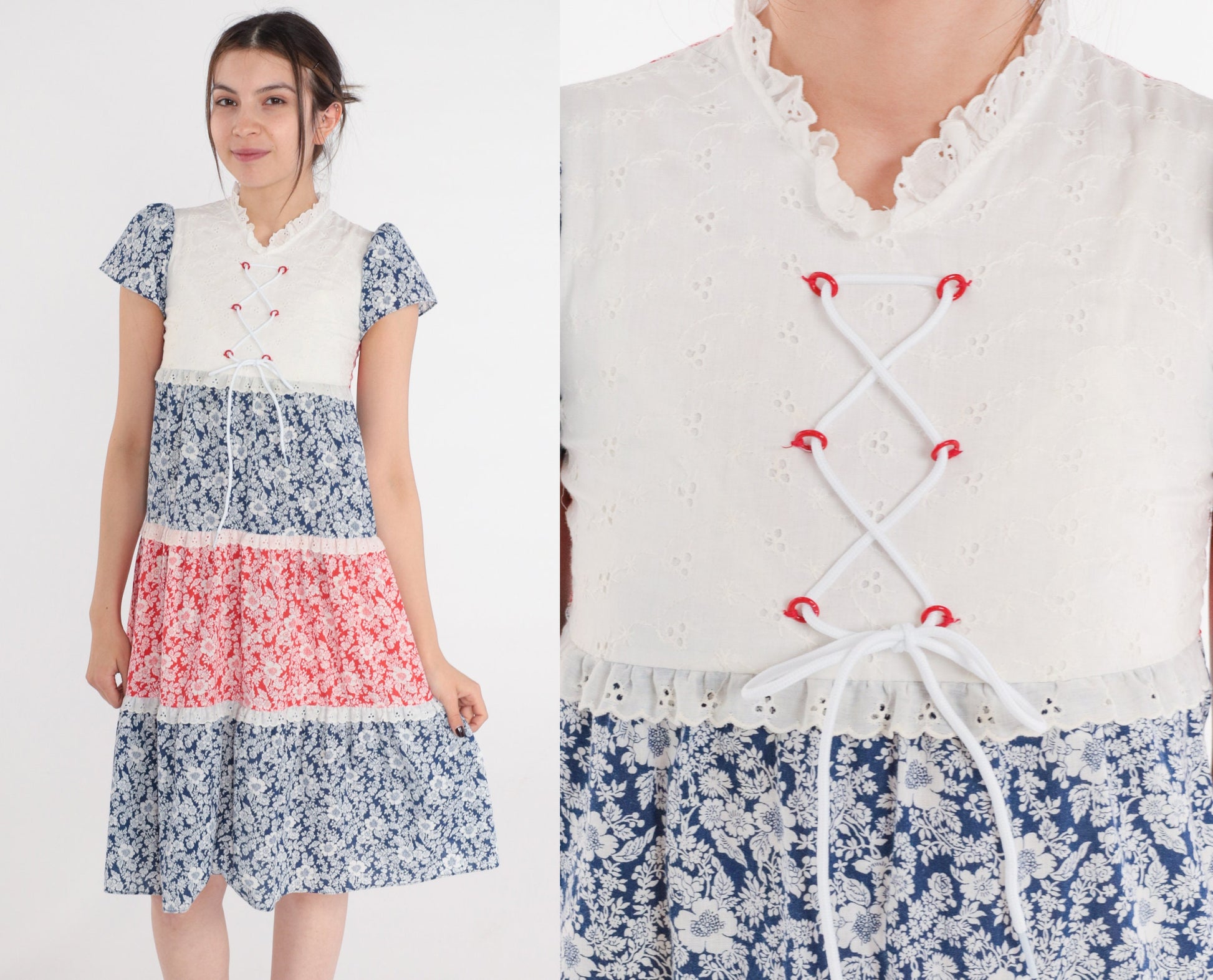 70s Floral Tiered Mini Dress Puff Sleeve White Eyelet Lace-Up Red Blue Petite XXS