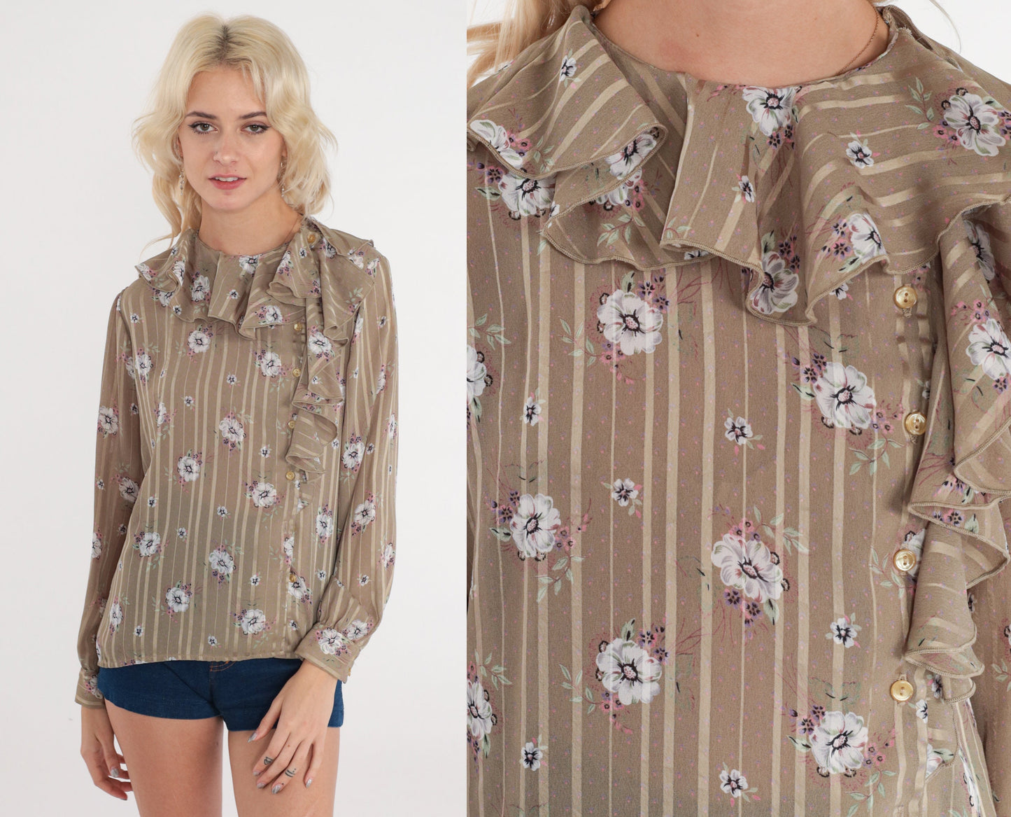 80s Anna Krist Floral Striped Blouse Taupe Ruffle Button-Up Medium