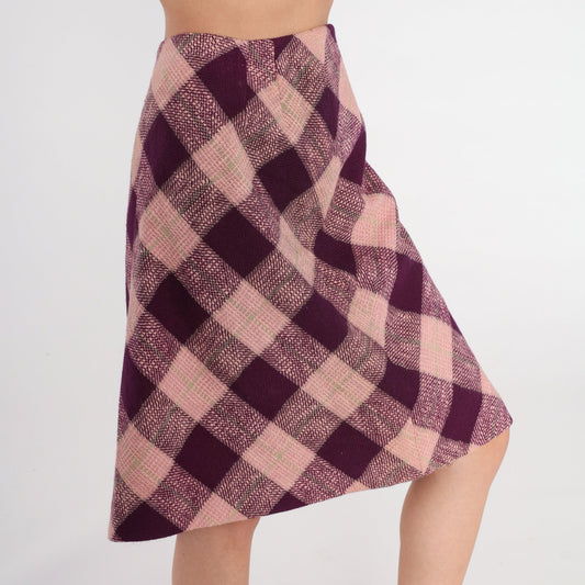 60s Pink Purple Checkered A-Line Skirt High Waist Knee Length Medium M