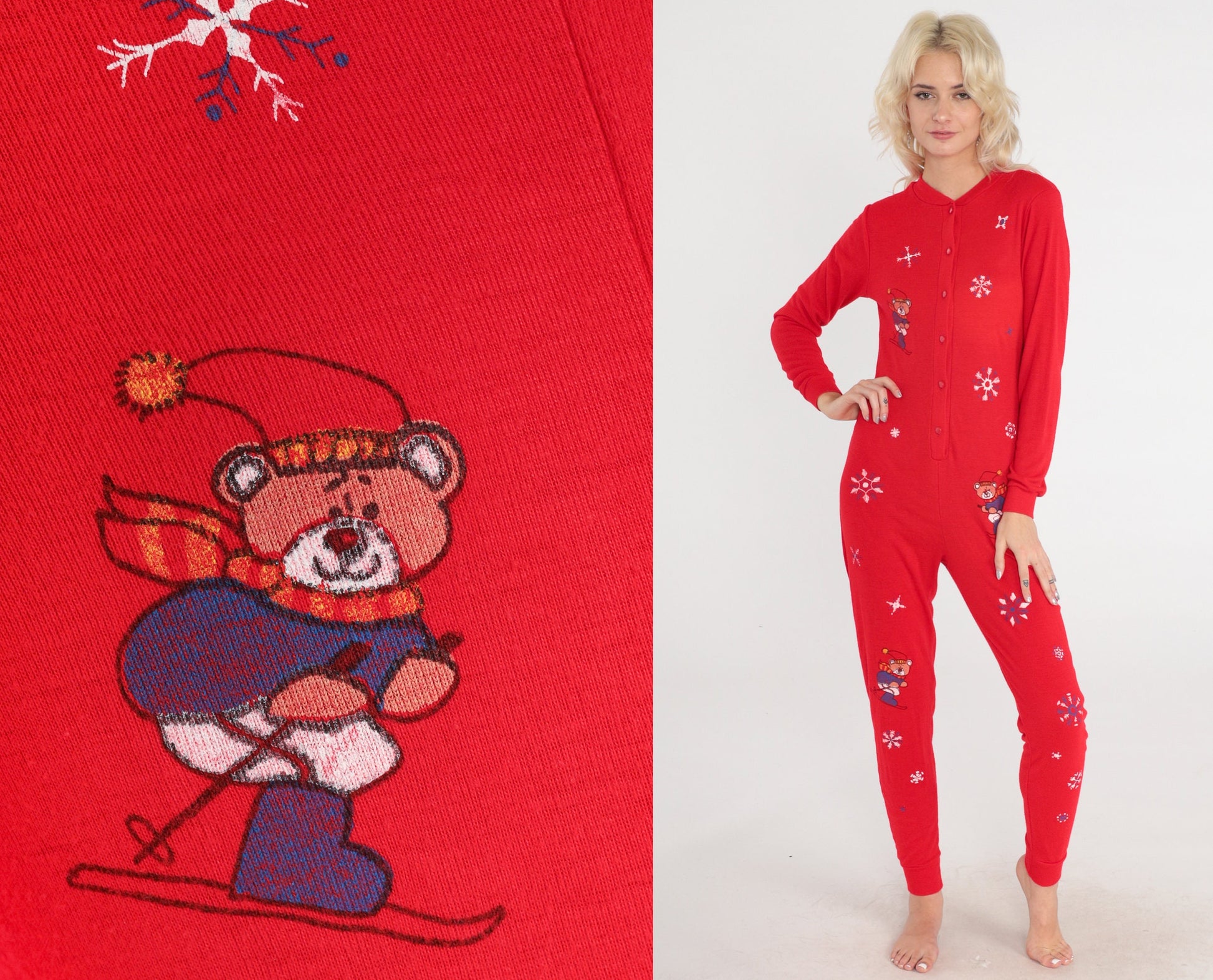 80s Red Pajama Jumpsuit Skiing Bears Snowflake Print Button-Up Extra Small
