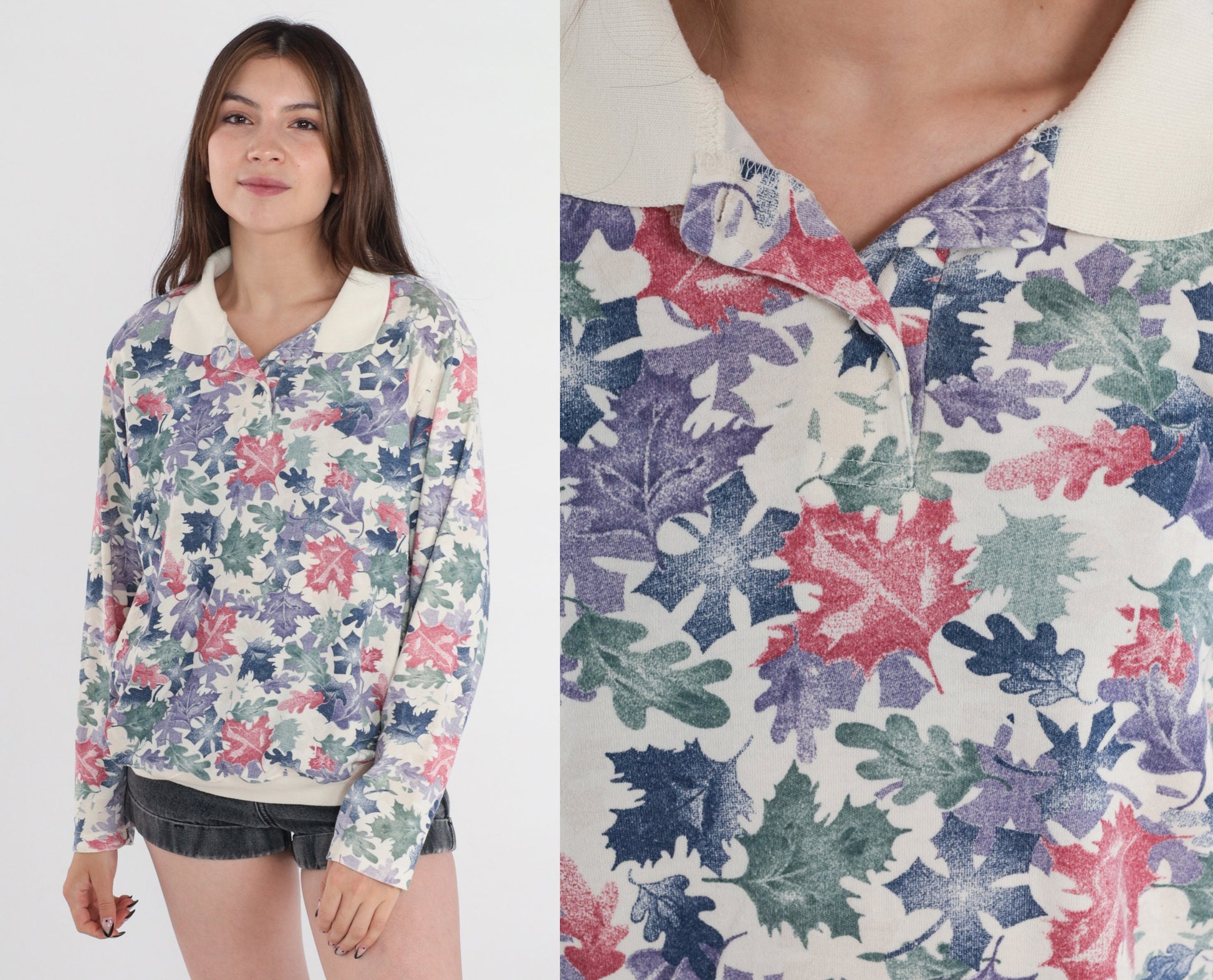 90s Leaf Print Collared Sweatshirt Blair Polo Cream Multi Large L