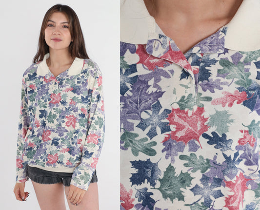 90s Leaf Print Collared Sweatshirt Blair Polo Cream Multi Large L