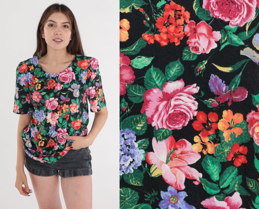 80s Fritzie Of California Black Floral Puff Sleeve Blouse Small