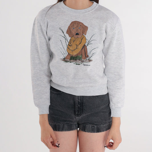 90s Chocolate Lab Painting Sweatshirt Heather Grey Graphic Crewneck XXS