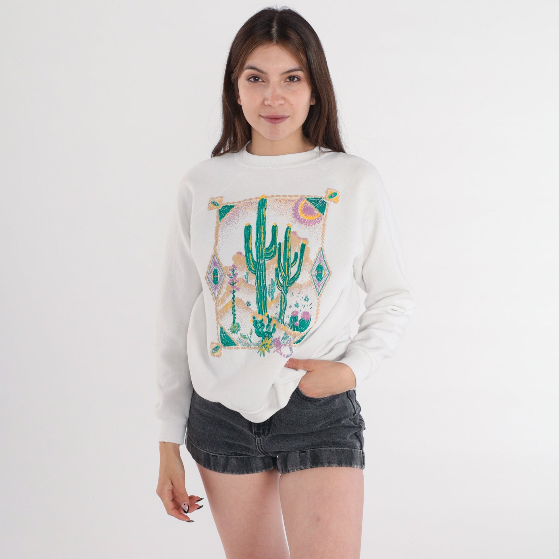 90s Arizona Desert Glitter Sweatshirt White Cactus Graphic Crewneck Medium M