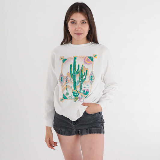 90s Arizona Desert Glitter Sweatshirt White Cactus Graphic Crewneck Medium M