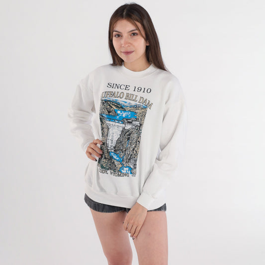 90s Buffalo Bill Dam Cody Wyoming Graphic Sweatshirt White Medium