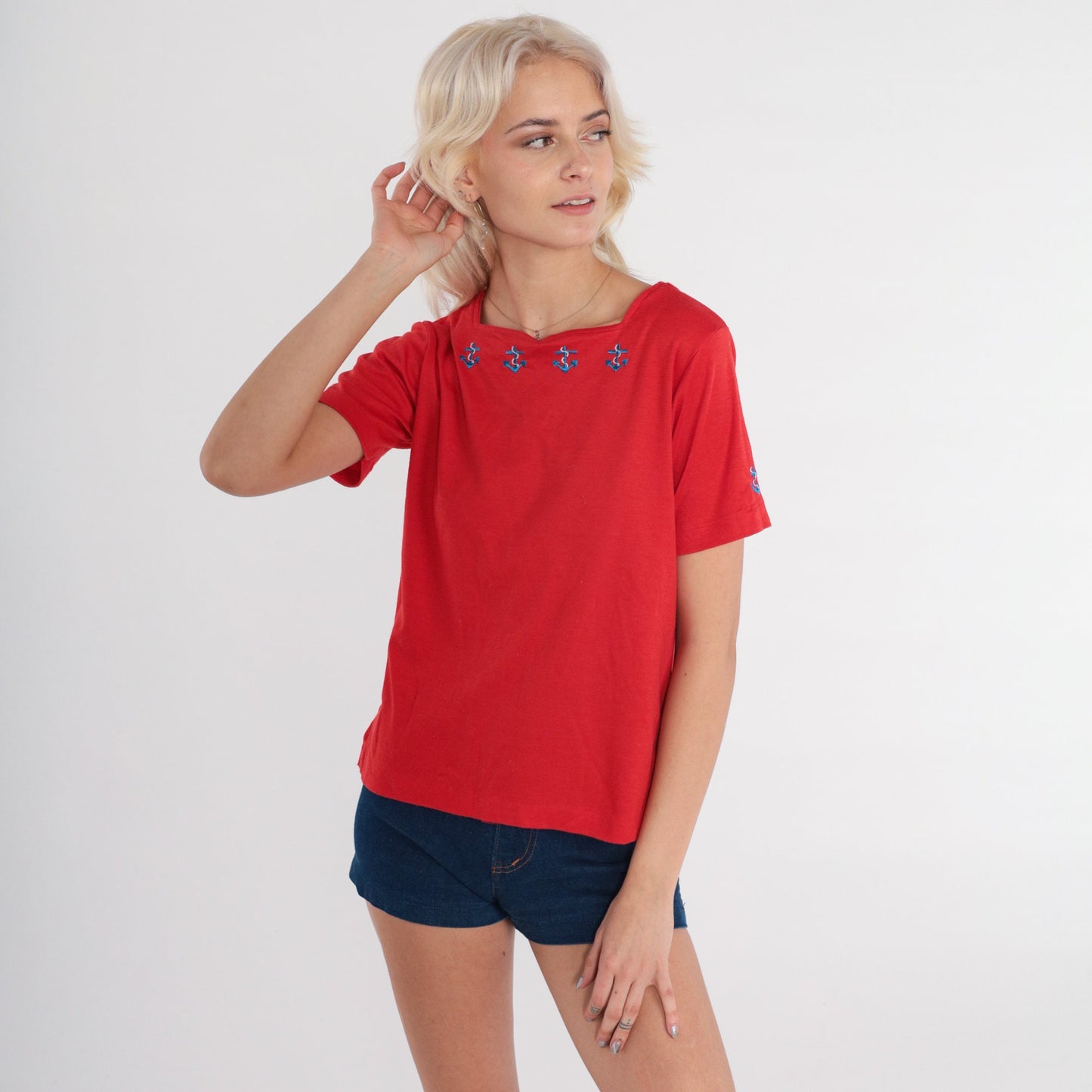 80s Red Anchor Embroidered Square Neck T-Shirt Small