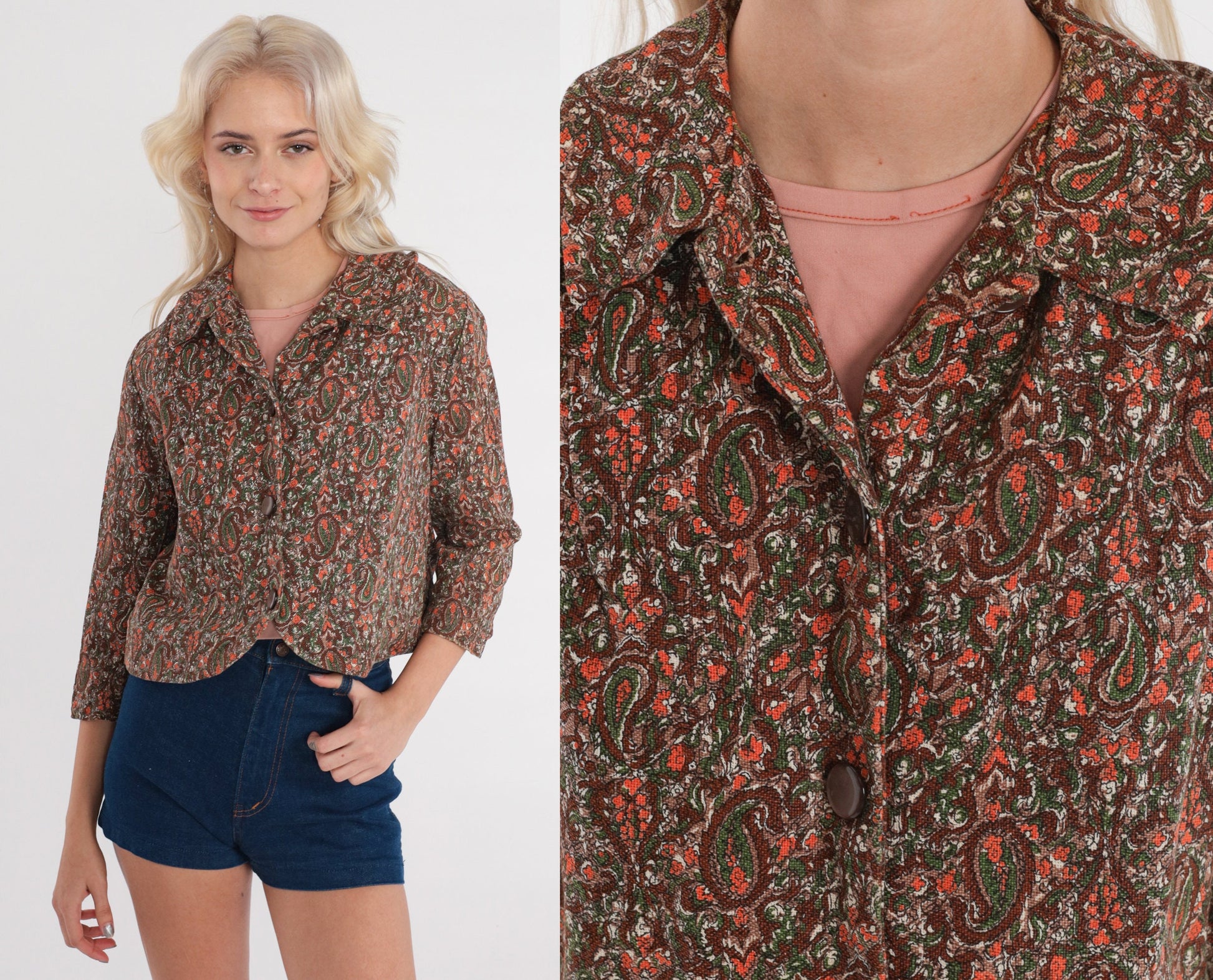 60s Paisley Cropped Jacket 3/4 Sleeve Button Up Brown Orange Green Extra Small