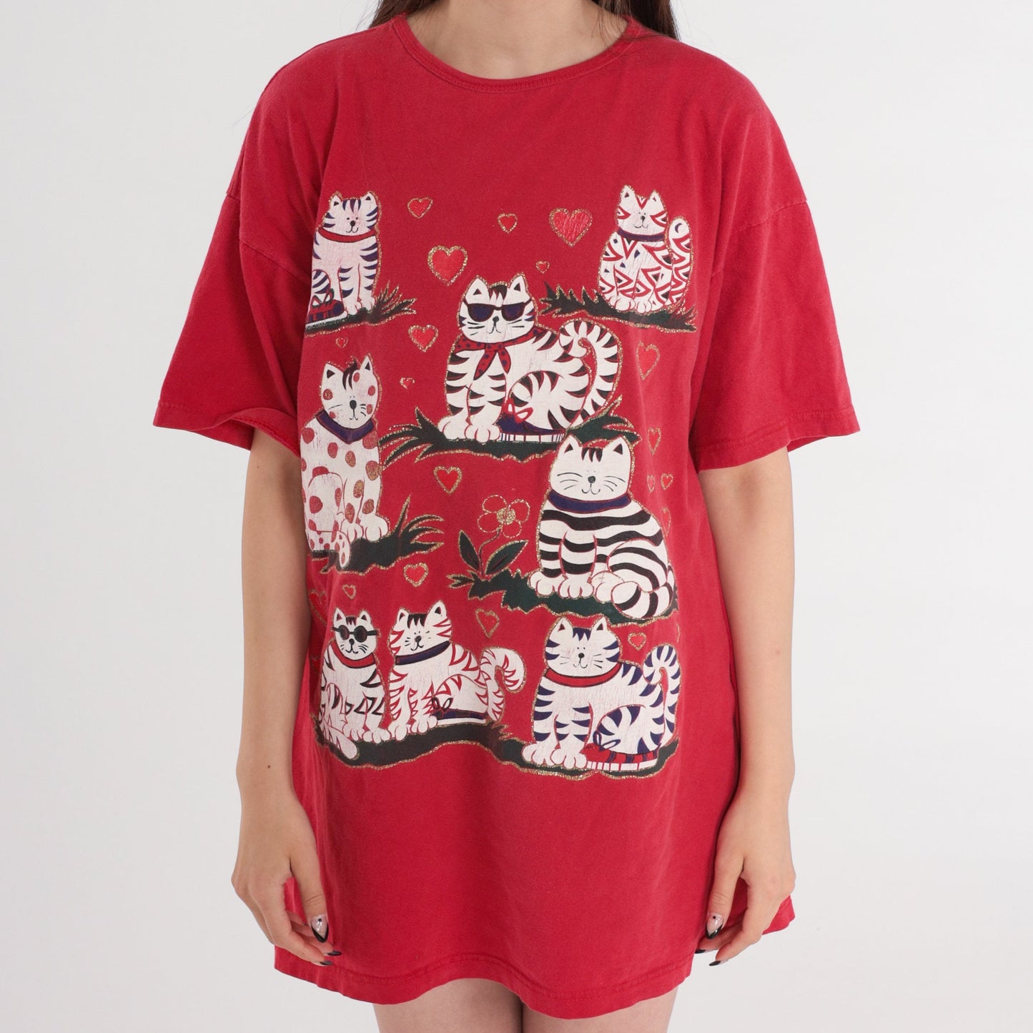 90s Glitter Cat T-Shirt Dress Red Graphic Sleep Shirt Mini One Size