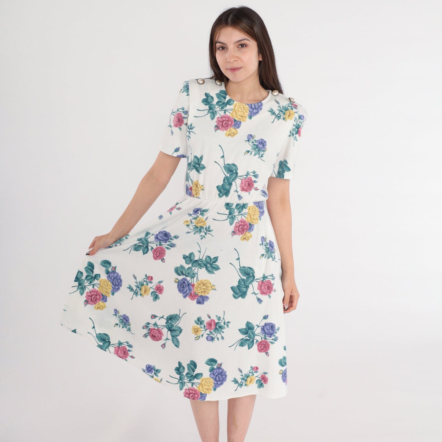80s White Floral Midi Dress High Waist Puff Sleeve Button Shoulder Small