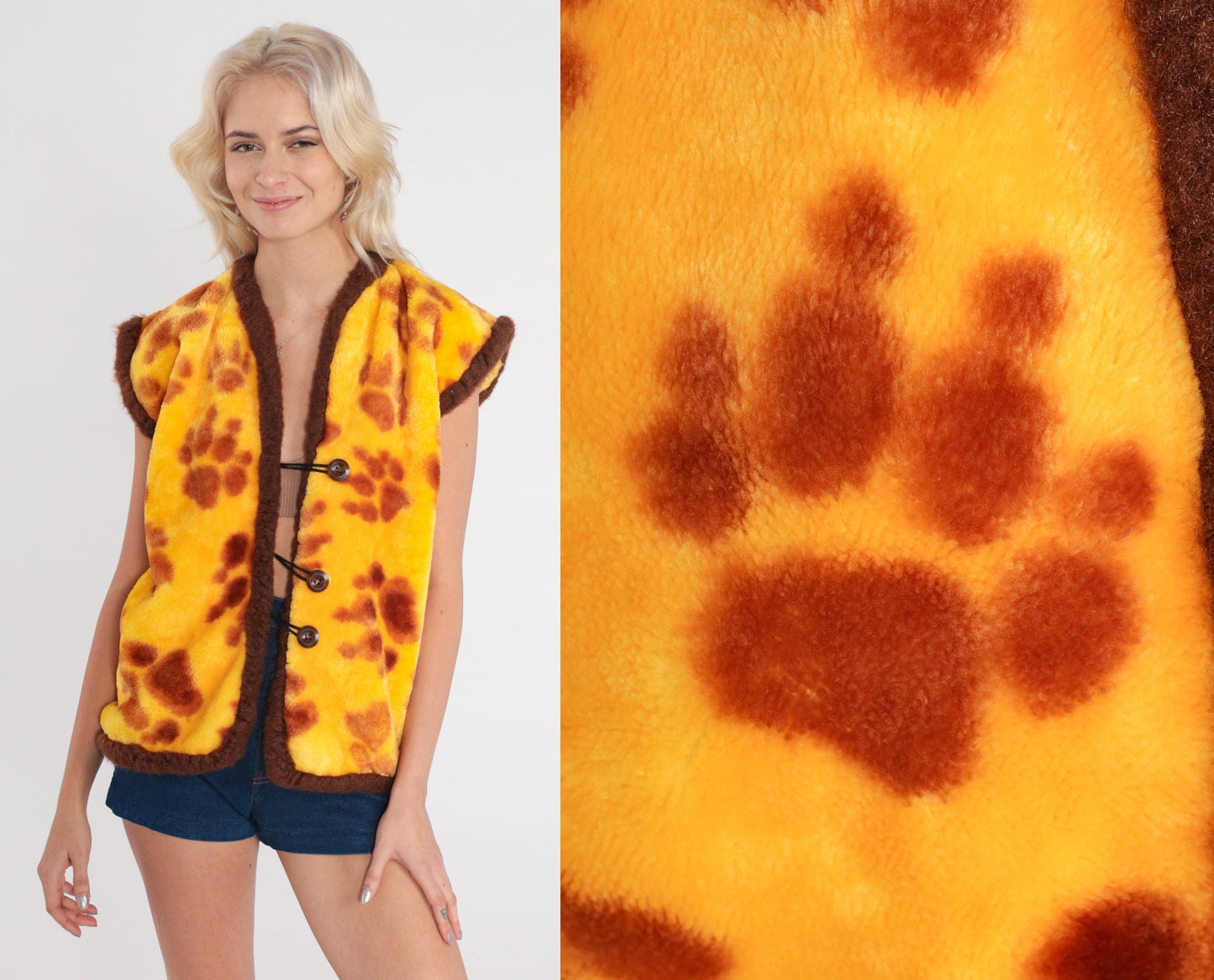 80s Yellow Fleece Vest Paw Print Button-Up Medium