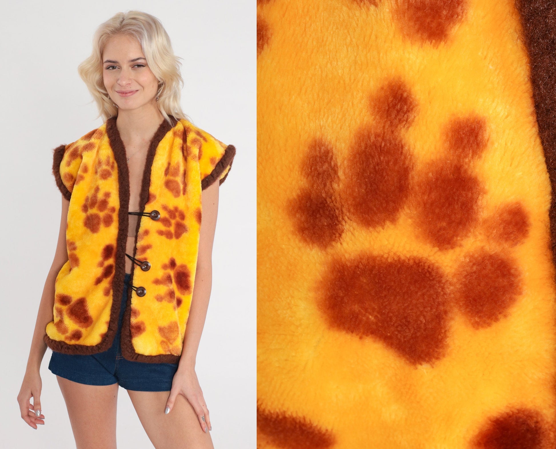 80s Yellow Fleece Vest Paw Print Button-Up Medium