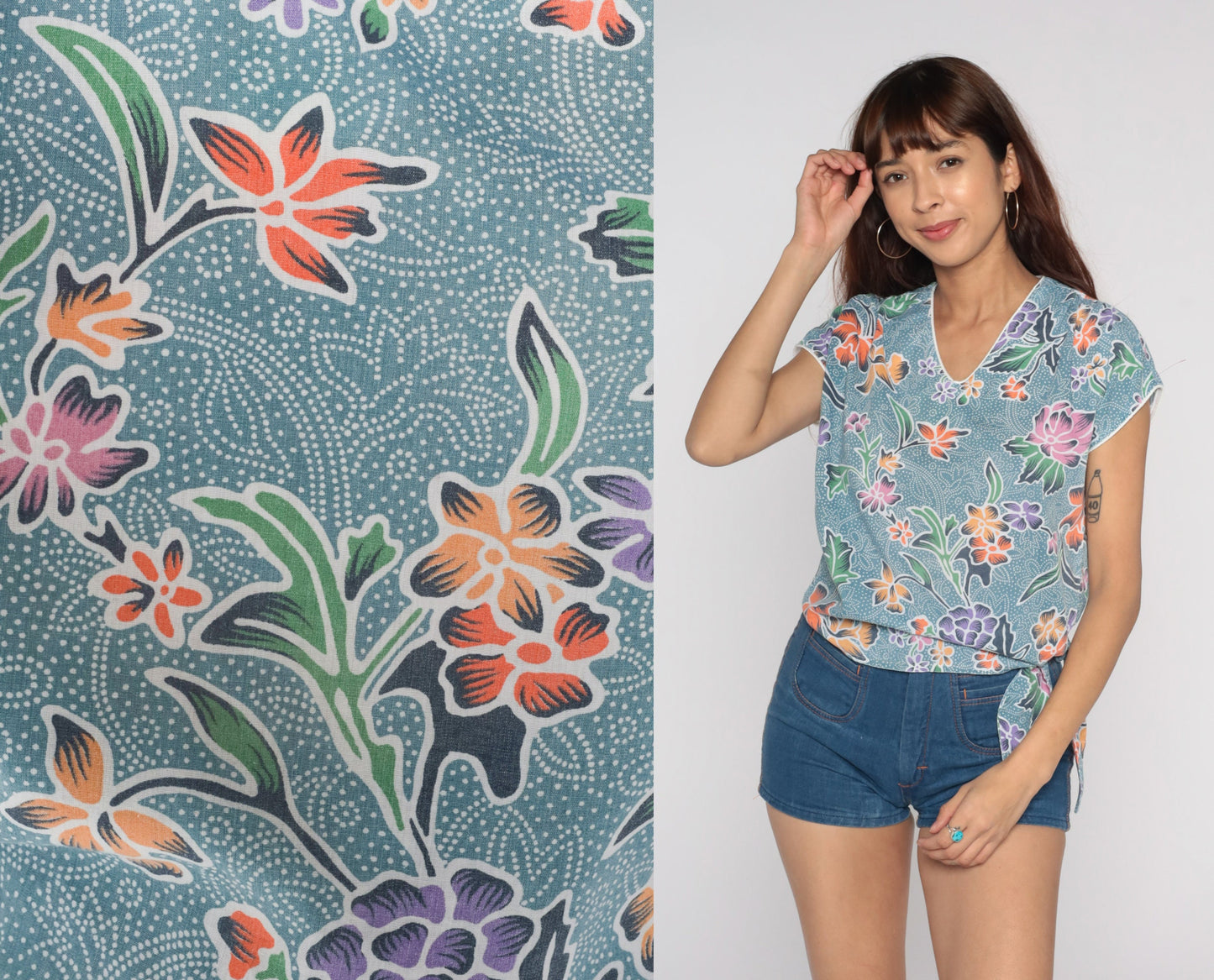 80s Blue Floral Cap Sleeve Blouse Tie Waist V Neck Medium