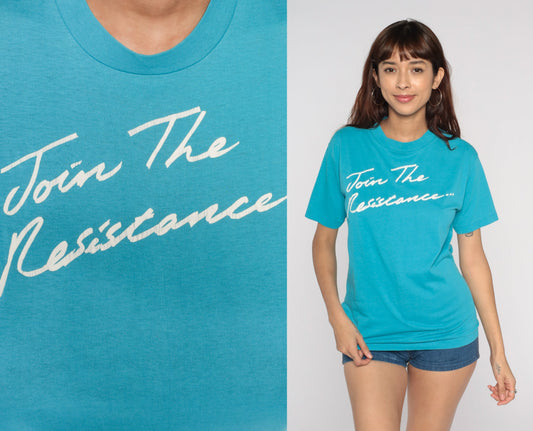 80s Join The Resistance Pump Iron Gym T-Shirt Blue Graphic Tee Medium