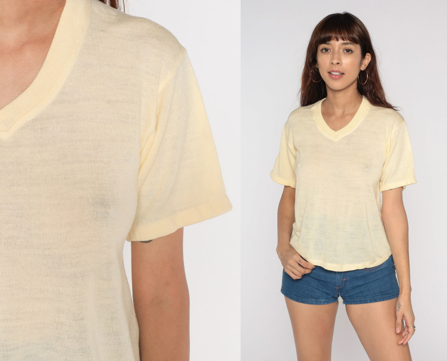 70s Yellow Knit V-Neck Short Sleeve Top Small S
