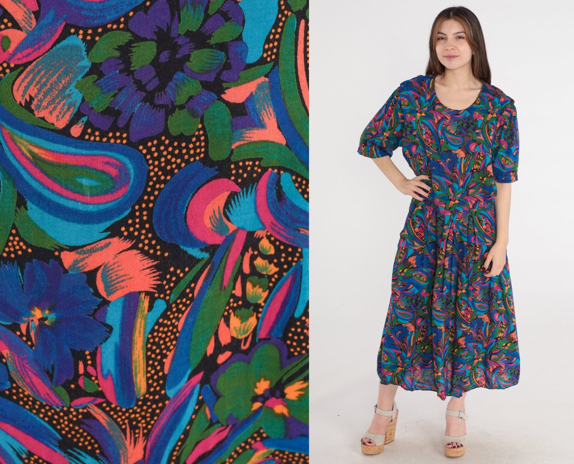 80s Paisley Floral Rayon Dress Drop Waist Pleated Midi Blue Pink Large L