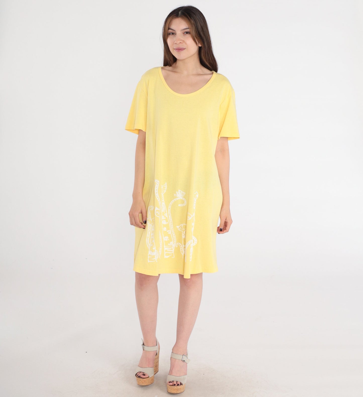 90s Yellow Cat Print T-Shirt Dress Shift Scoop Neck Mini Medium