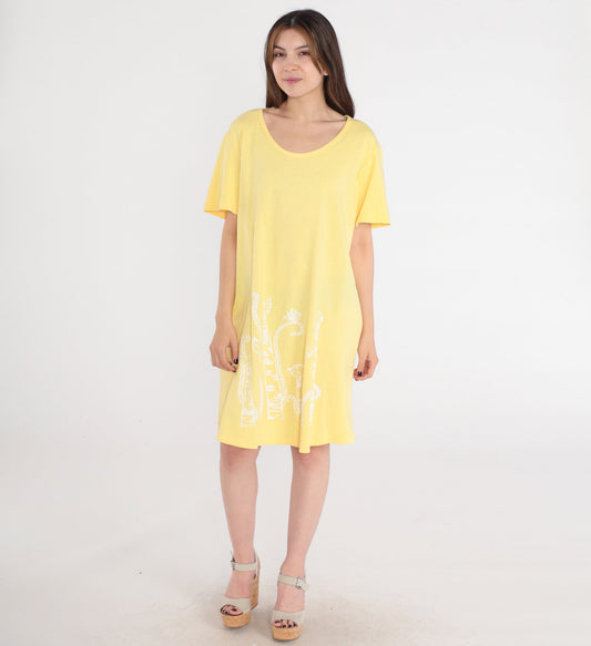 90s Yellow Cat Print T-Shirt Dress Shift Scoop Neck Mini Medium