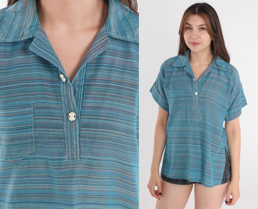 90s Blue Striped Polo Shirt Chest Pocket Collared Short Sleeve Extra Small