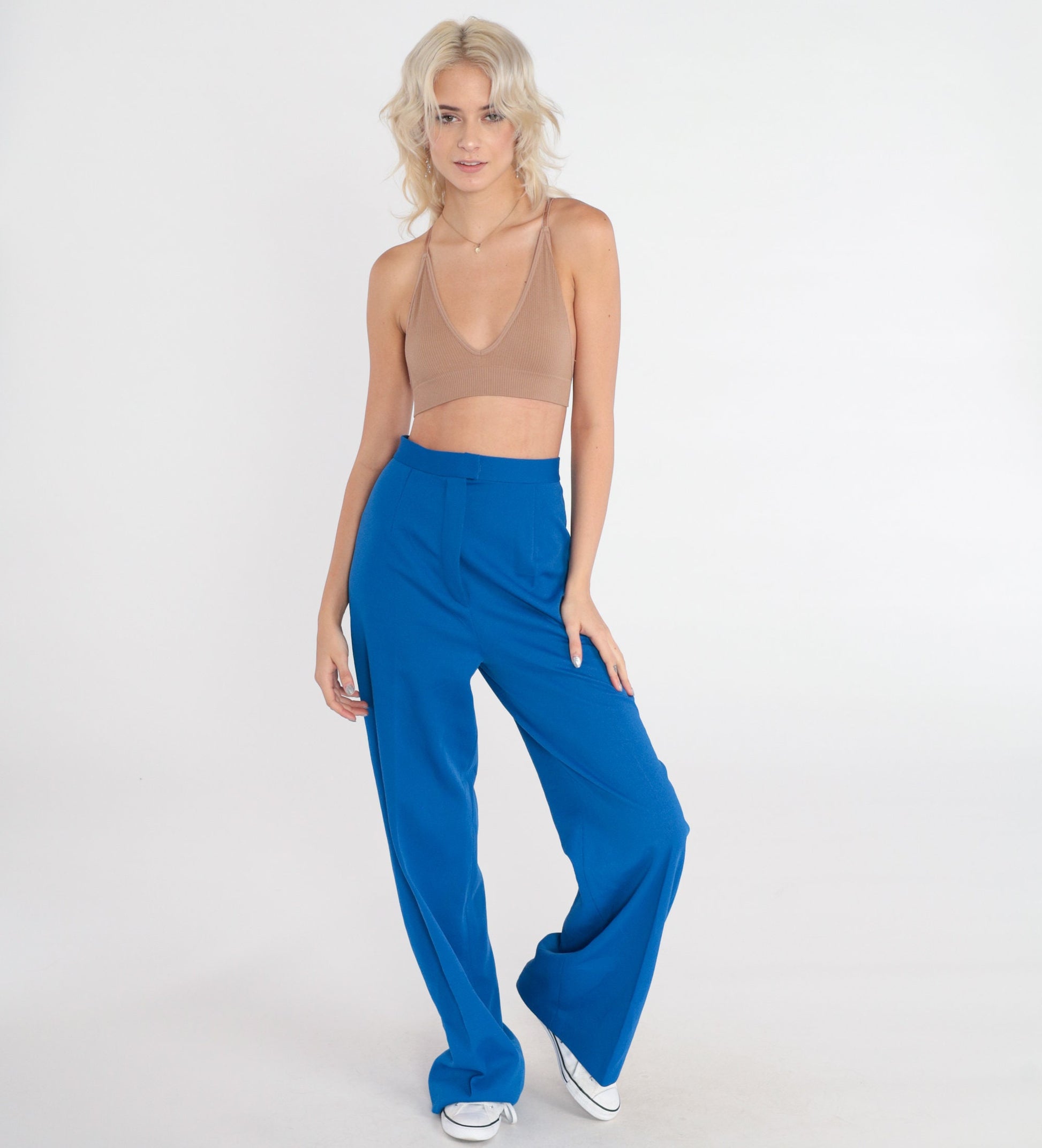 70s Royal Blue High-Waisted Flared Trousers Creased Leg Extra Small