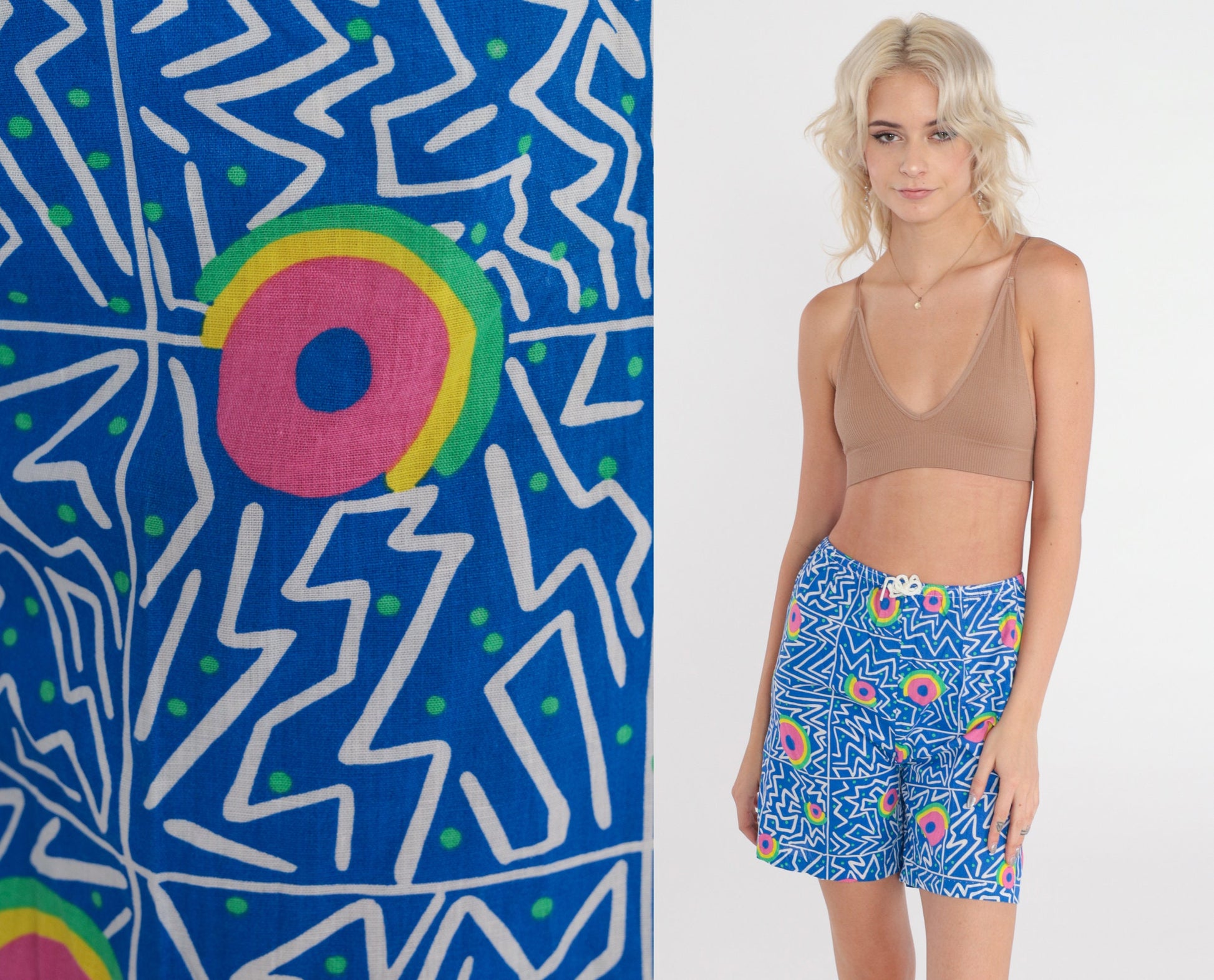 90s Blue Abstract Print Shorts High Drawstring Waist Wide Leg Extra Small