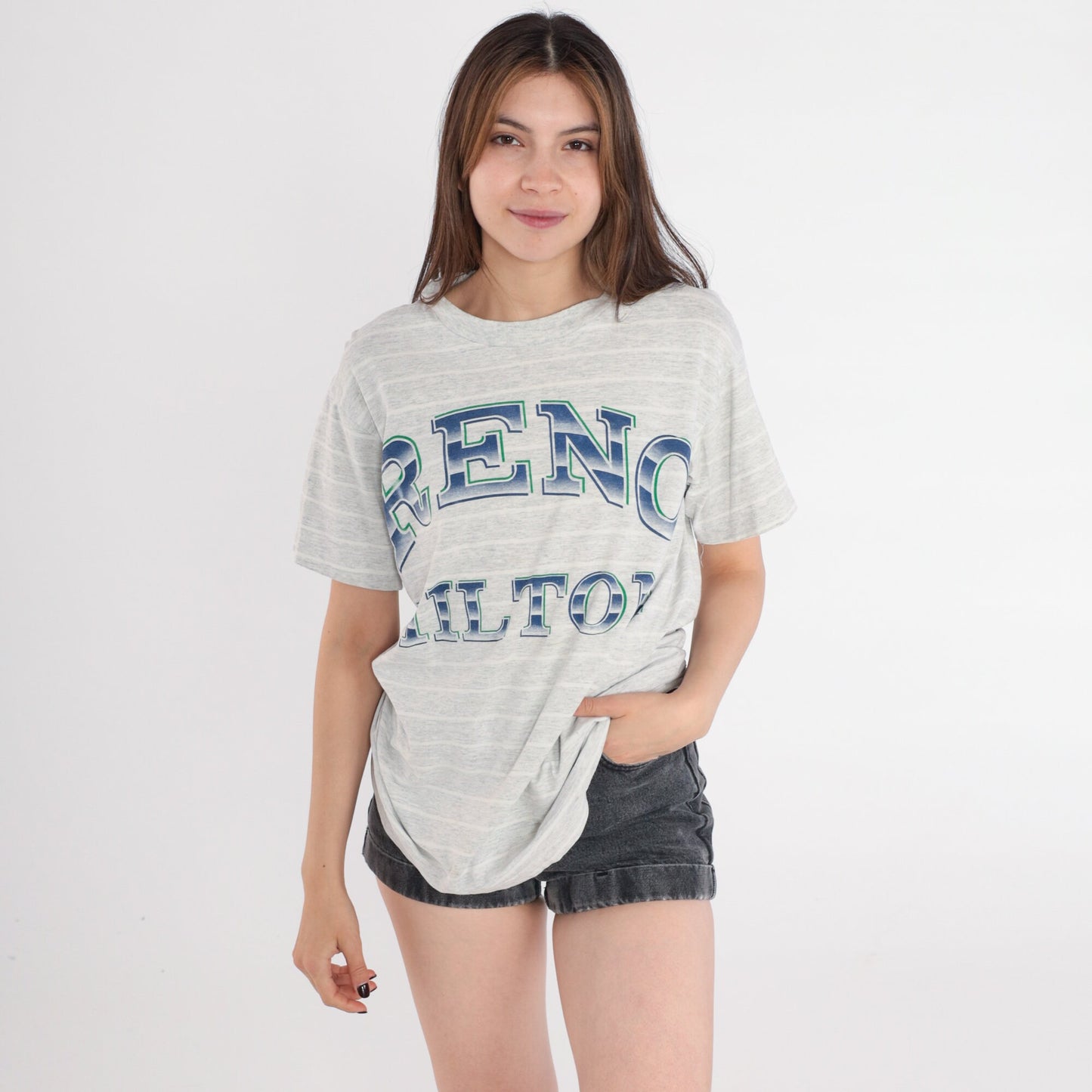90s Reno Hilton Nevada Hotel Graphic T-Shirt Grey Striped Medium