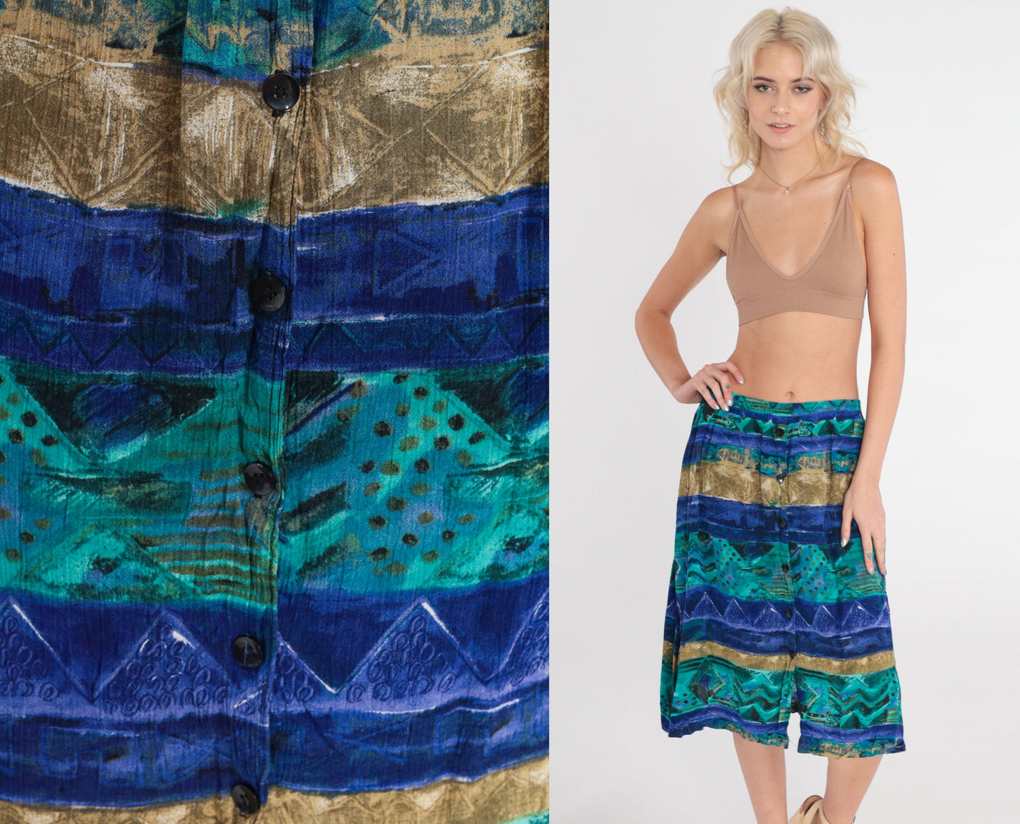 90s Abstract Striped Midi Skirt Button Front Blue High Waist Extra Large XXL