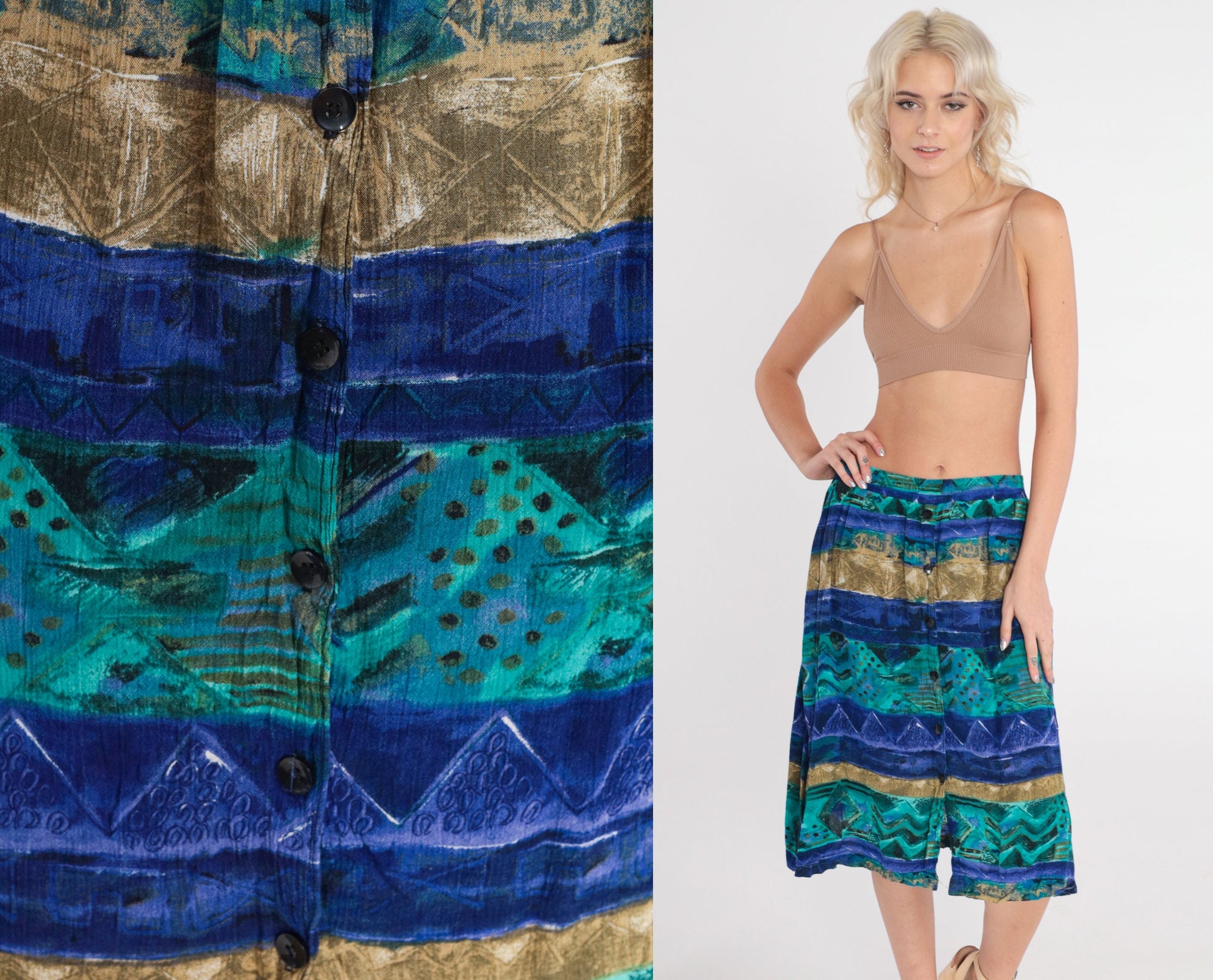 90s Abstract Striped Midi Skirt Button Front Blue High Waist Extra Large XXL