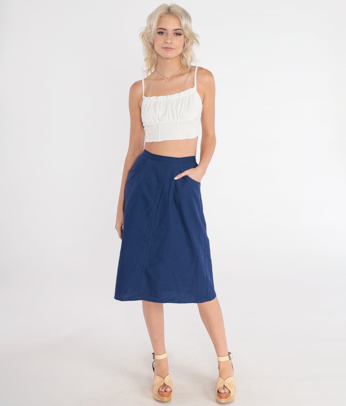 80s Navy Midi Skirt High-Waisted A-Line Extra Small XS